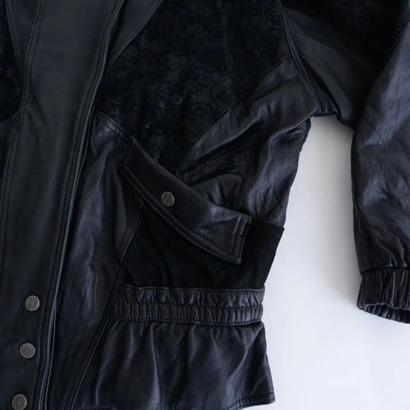 Vintage Giii Black Leather &  Suede Floral Design Zip Up Bomber Jacket Medium - Picture 6 of 15